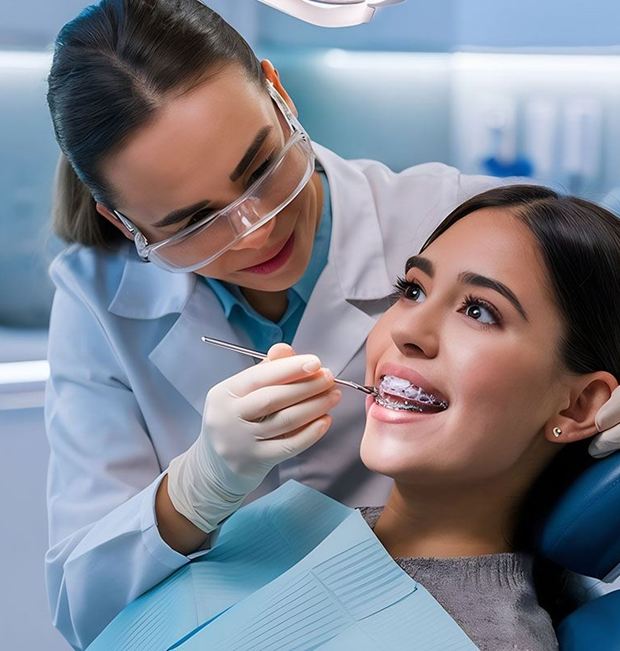 Dentista che esegue un controllo ortodontico
